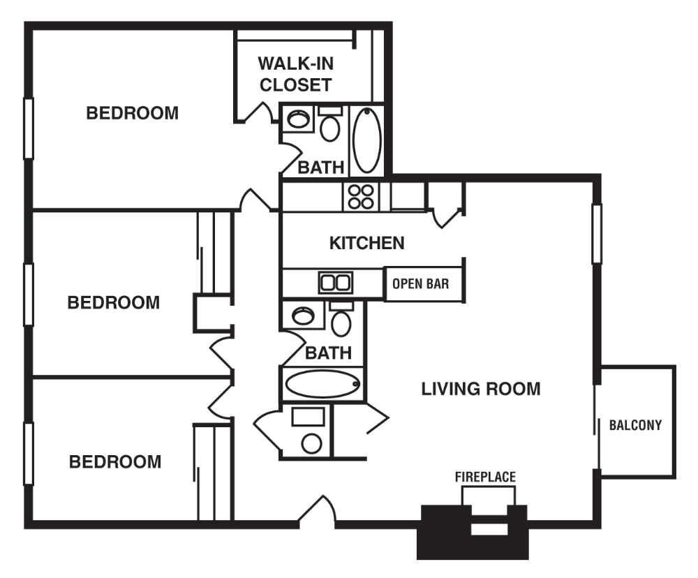 Floor plan for 3 beds, 2 baths, 1275 sqft